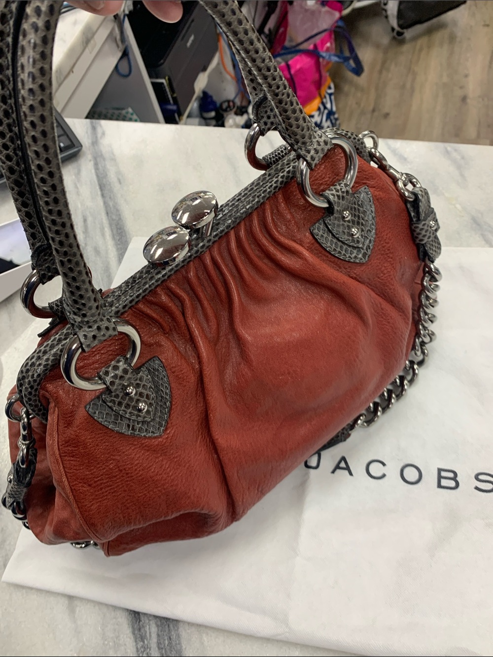 Marc Jacobs Rust Red Leather Shoulder Bag with Gray Snake-Trim and Silver Chain - Picture 10 of 11
